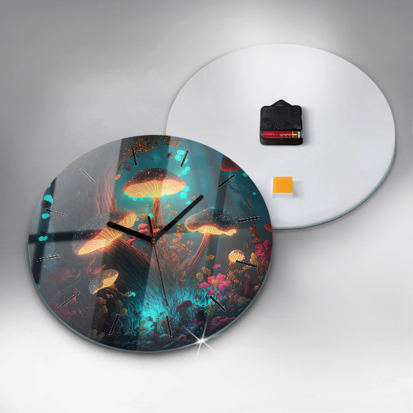 Round glass wall clock Forest and magic mushrooms