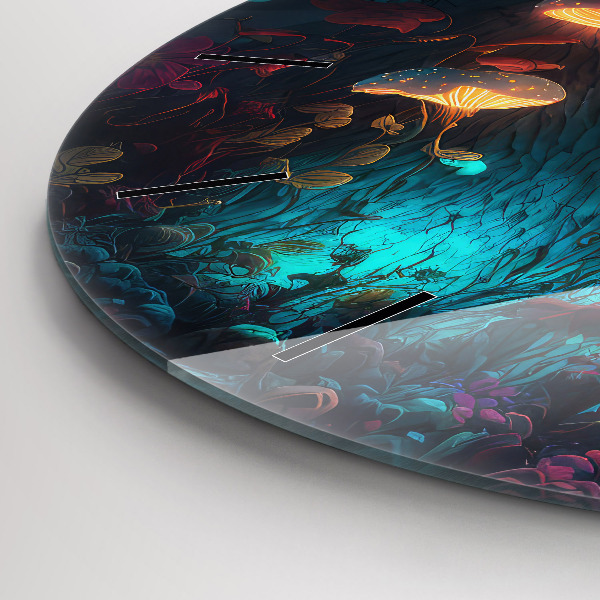 Round glass wall clock Forest and magic mushrooms