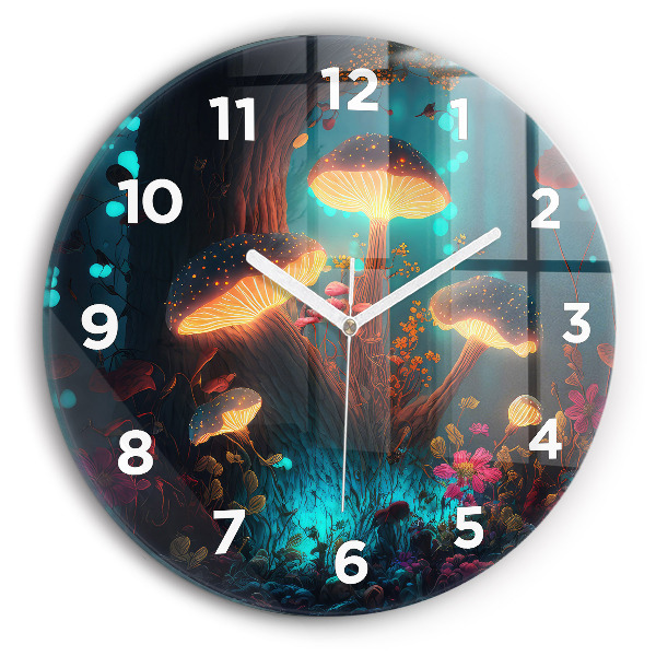 Round glass wall clock Forest and magic mushrooms