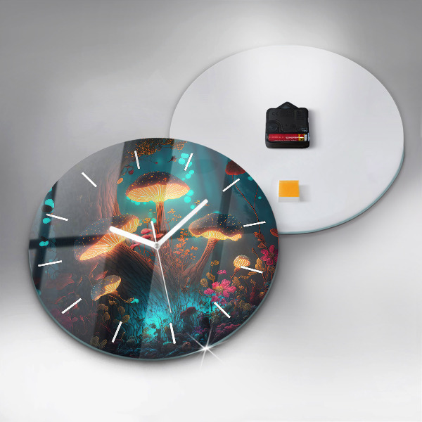 Round glass wall clock Forest and magic mushrooms