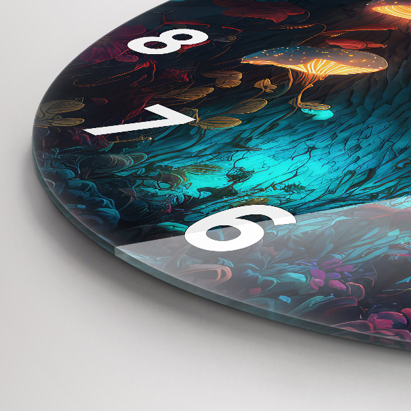 Round glass wall clock Forest and magic mushrooms