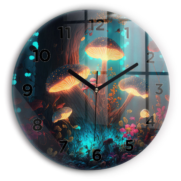 Round glass wall clock Forest and magic mushrooms
