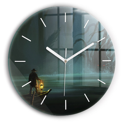 Round glass wall clock Man and Monster in the Swamp