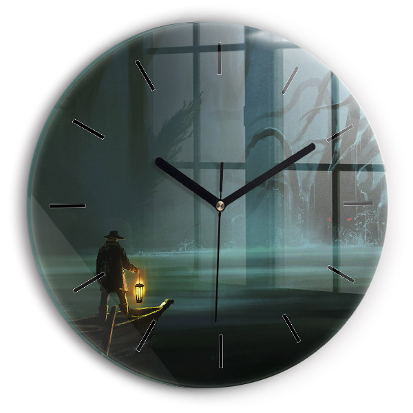 Round glass wall clock Man and Monster in the Swamp
