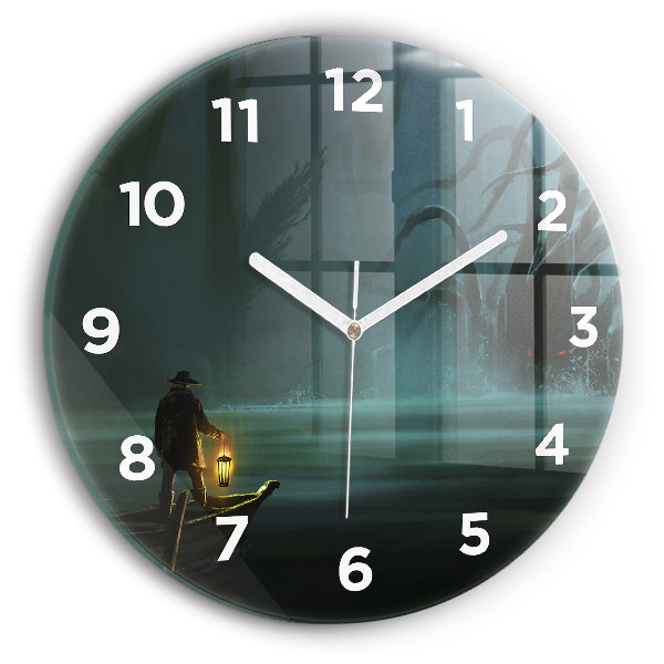 Round glass wall clock Man and Monster in the Swamp