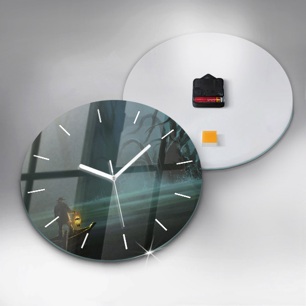 Round glass wall clock Man and Monster in the Swamp