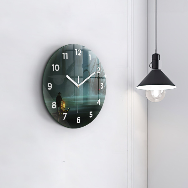 Round glass wall clock Man and Monster in the Swamp
