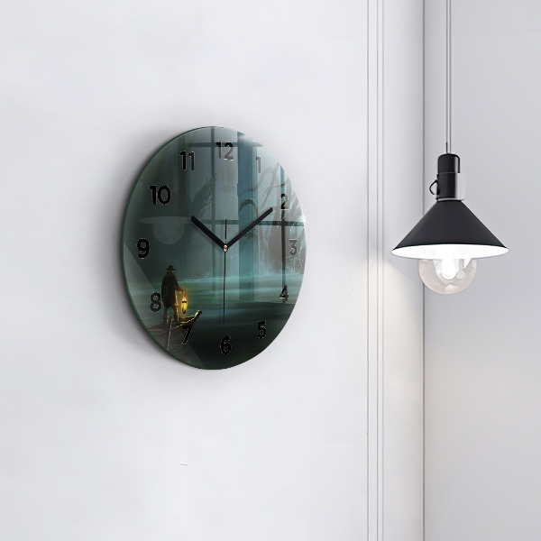 Round glass wall clock Man and Monster in the Swamp