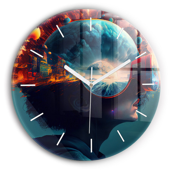 Round glass wall clock Futuristic world