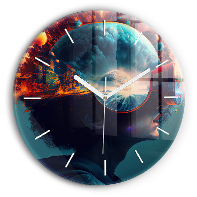 Round glass wall clock Futuristic world