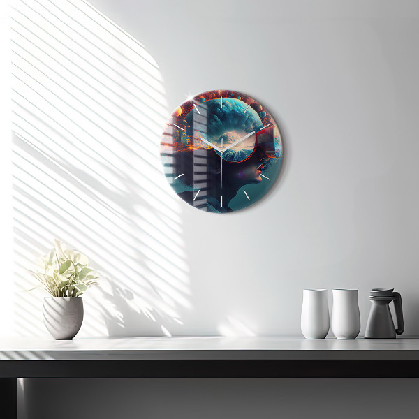 Round glass wall clock Futuristic world