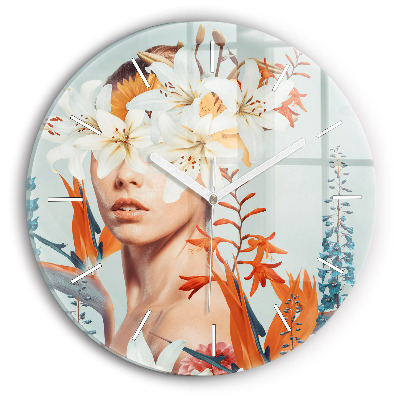 Round glass wall clock Woman with flowers