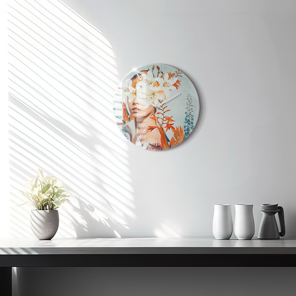 Round glass wall clock Woman with flowers
