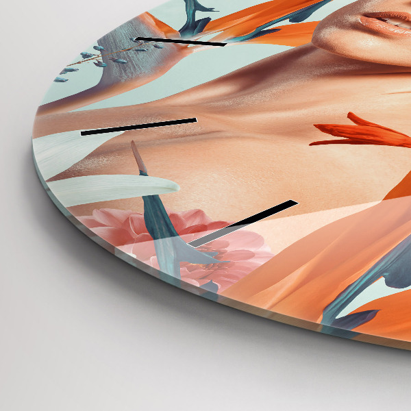 Round glass wall clock Woman with flowers