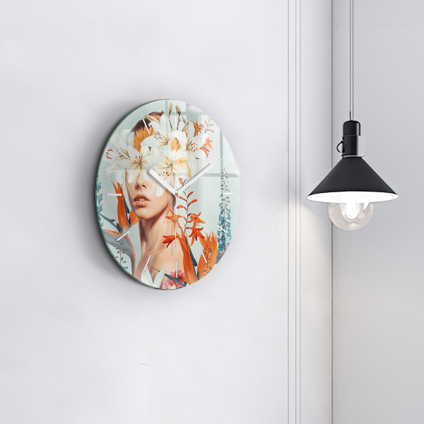 Round glass wall clock Woman with flowers