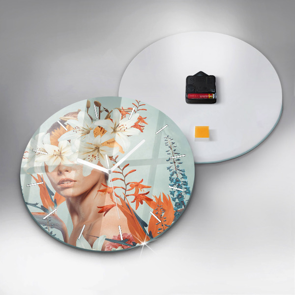 Round glass wall clock Woman with flowers