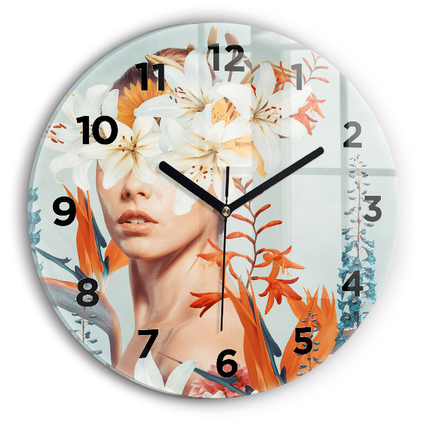 Round glass wall clock Woman with flowers