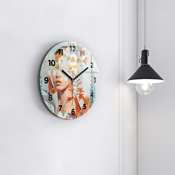 Round glass wall clock Woman with flowers