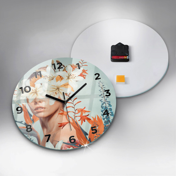 Round glass wall clock Woman with flowers