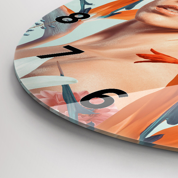 Round glass wall clock Woman with flowers