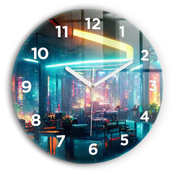 Round glass wall clock Cyberpunk style city