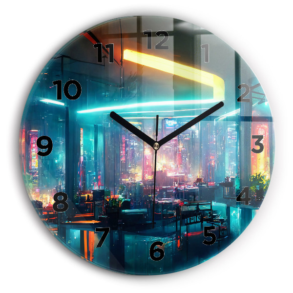 Round glass wall clock Cyberpunk style city