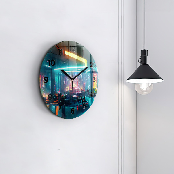 Round glass wall clock Cyberpunk style city