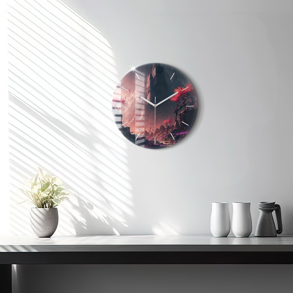 Round glass wall clock Magical forest and mountains
