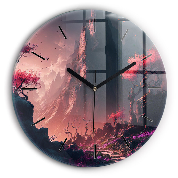 Round glass wall clock Magical forest and mountains