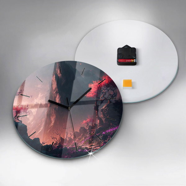 Round glass wall clock Magical forest and mountains