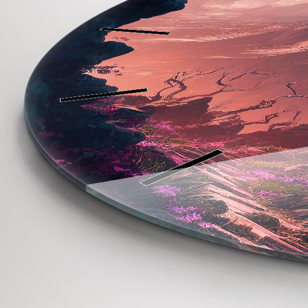 Round glass wall clock Magical forest and mountains