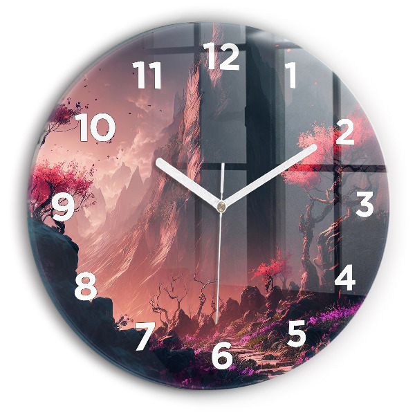 Round glass wall clock Magical forest and mountains