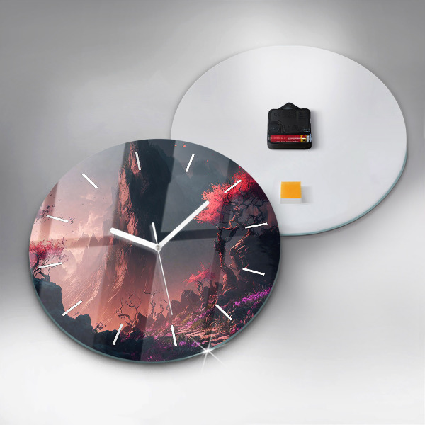 Round glass wall clock Magical forest and mountains