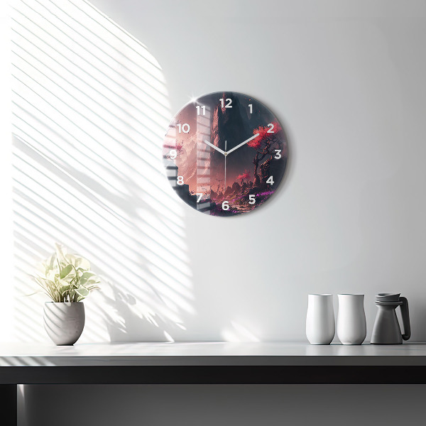 Round glass wall clock Magical forest and mountains