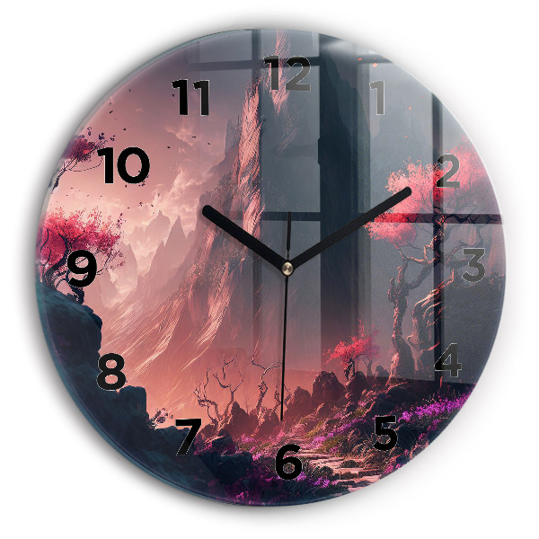 Round glass wall clock Magical forest and mountains