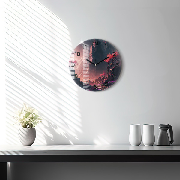 Round glass wall clock Magical forest and mountains