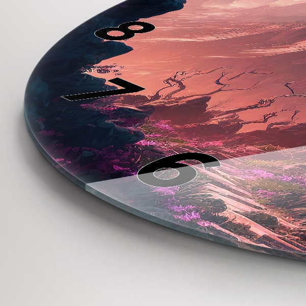 Round glass wall clock Magical forest and mountains