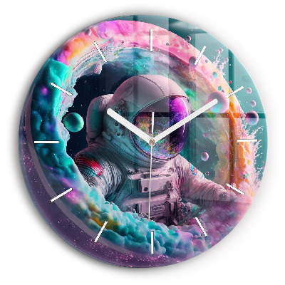 Round glass wall clock Cosmonaut and colorful clouds