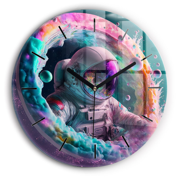 Round glass wall clock Cosmonaut and colorful clouds