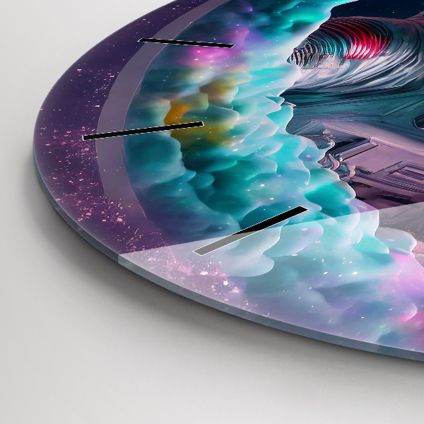Round glass wall clock Cosmonaut and colorful clouds