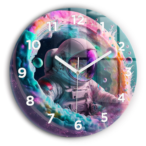 Round glass wall clock Cosmonaut and colorful clouds