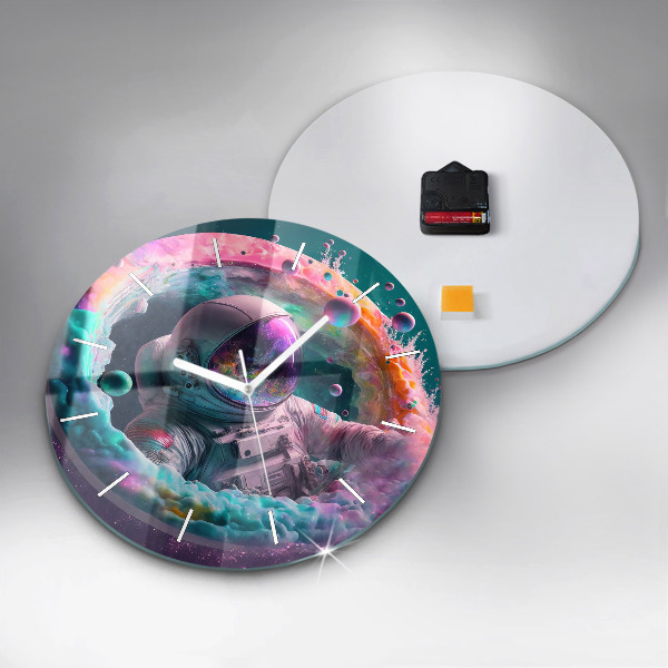 Round glass wall clock Cosmonaut and colorful clouds