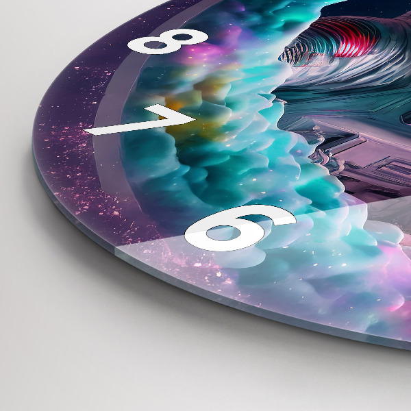 Round glass wall clock Cosmonaut and colorful clouds