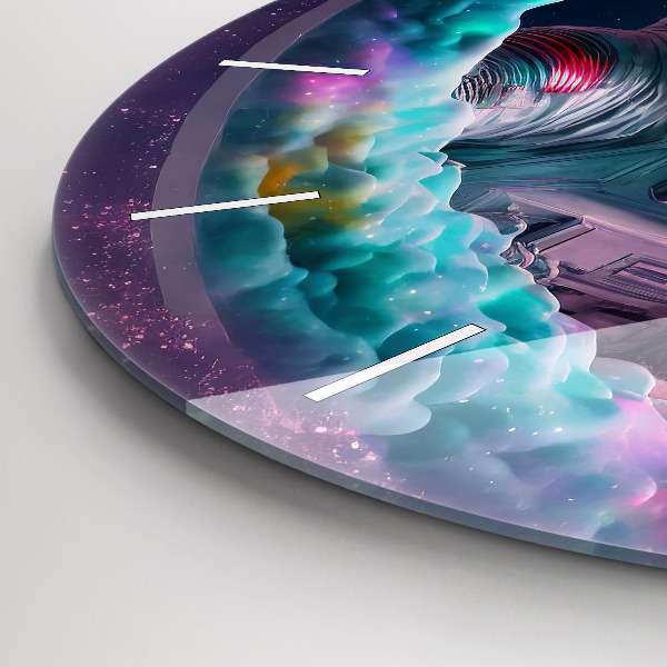 Round glass wall clock Cosmonaut and colorful clouds