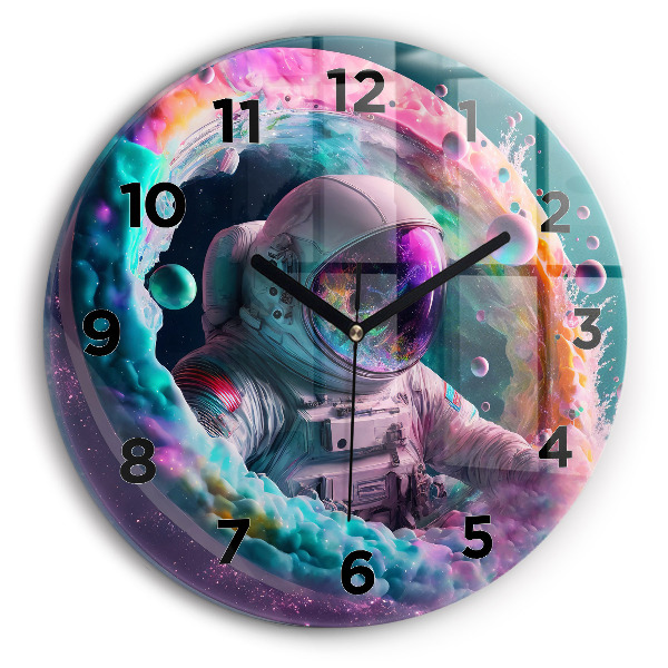 Round glass wall clock Cosmonaut and colorful clouds