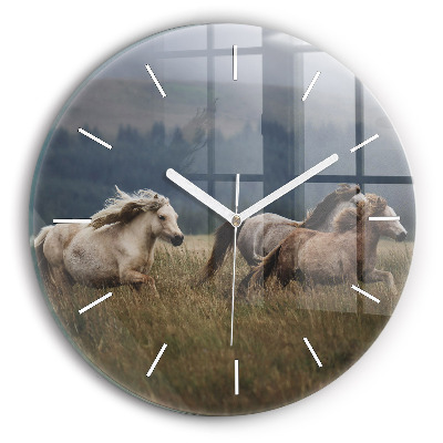 Round glass wall clock Horses at a gallop