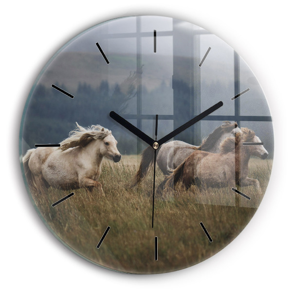 Round glass wall clock Horses at a gallop