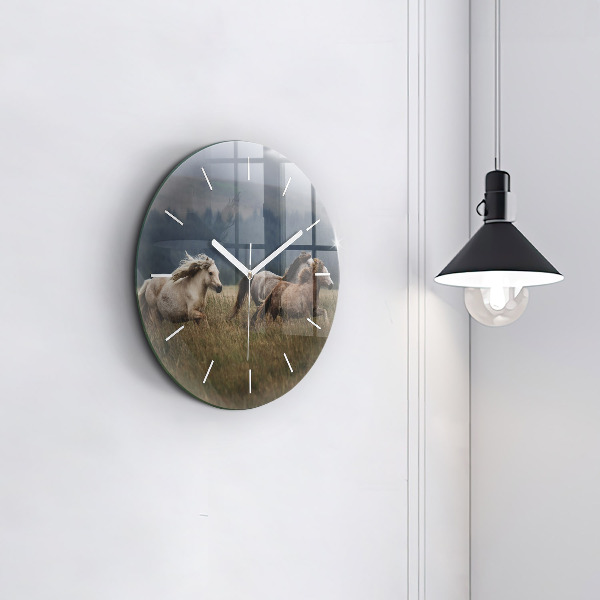 Round glass wall clock Horses at a gallop