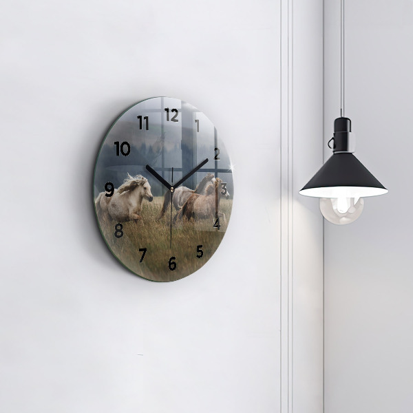 Round glass wall clock Horses at a gallop