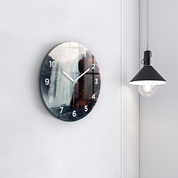 Round glass wall clock Waterfall Landscape Iceland